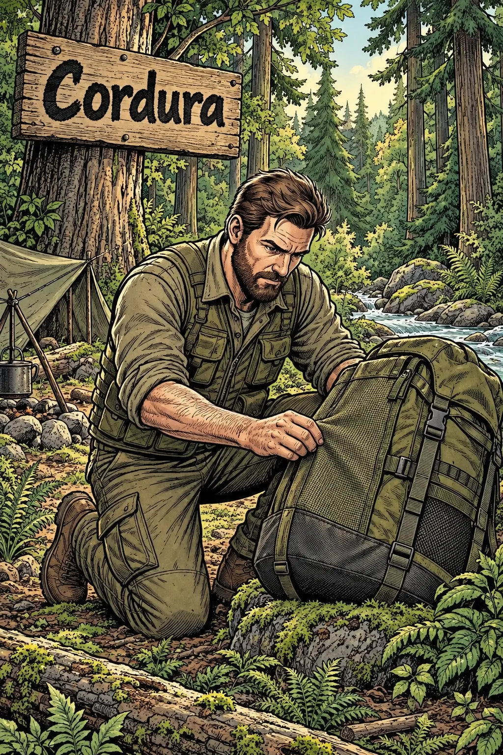 Comiczeichnung mit Camper, Cordura und beschriftetem Holzschild