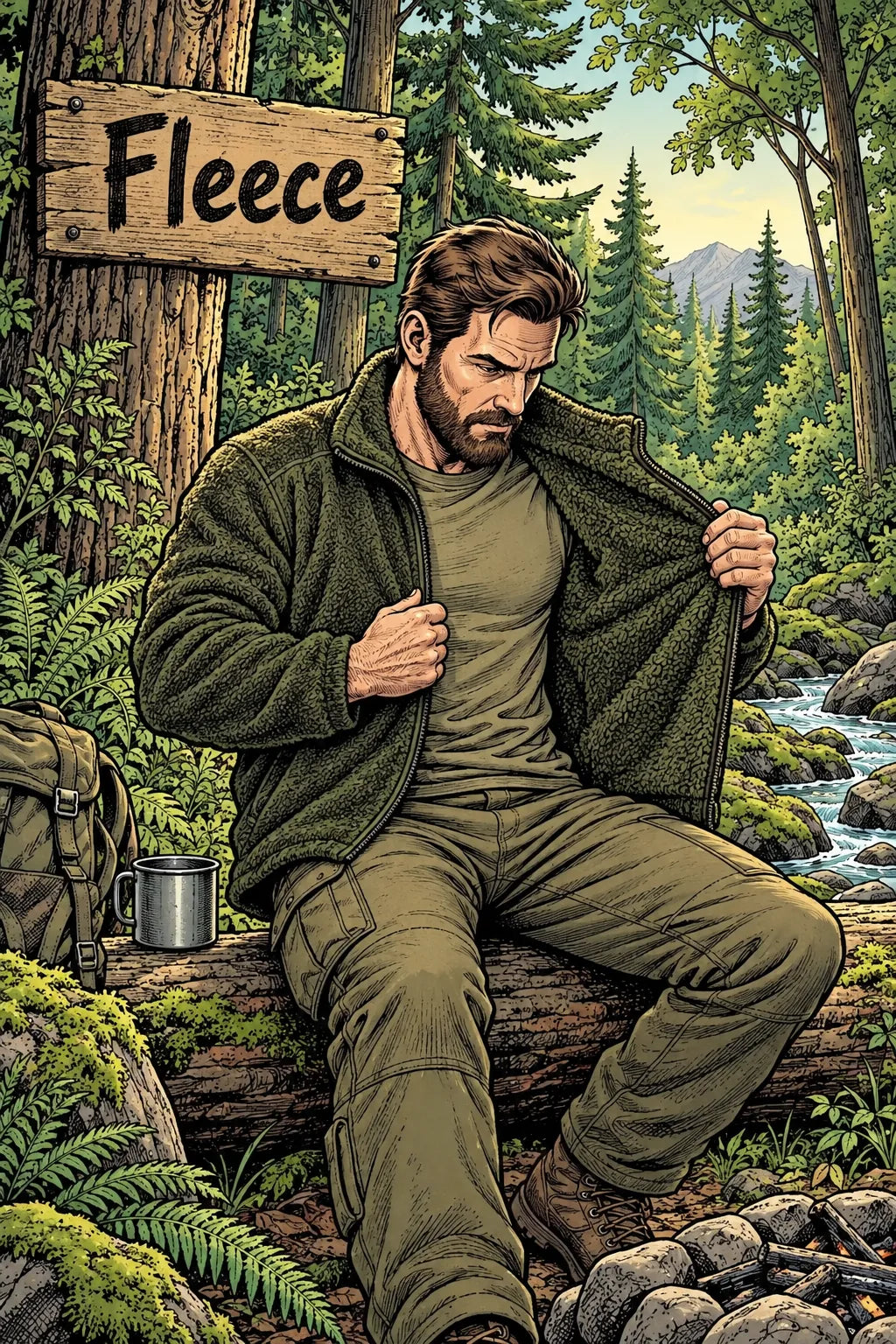 Comiczeichnung mit Camper, Fleece und beschriftetem Holzschild