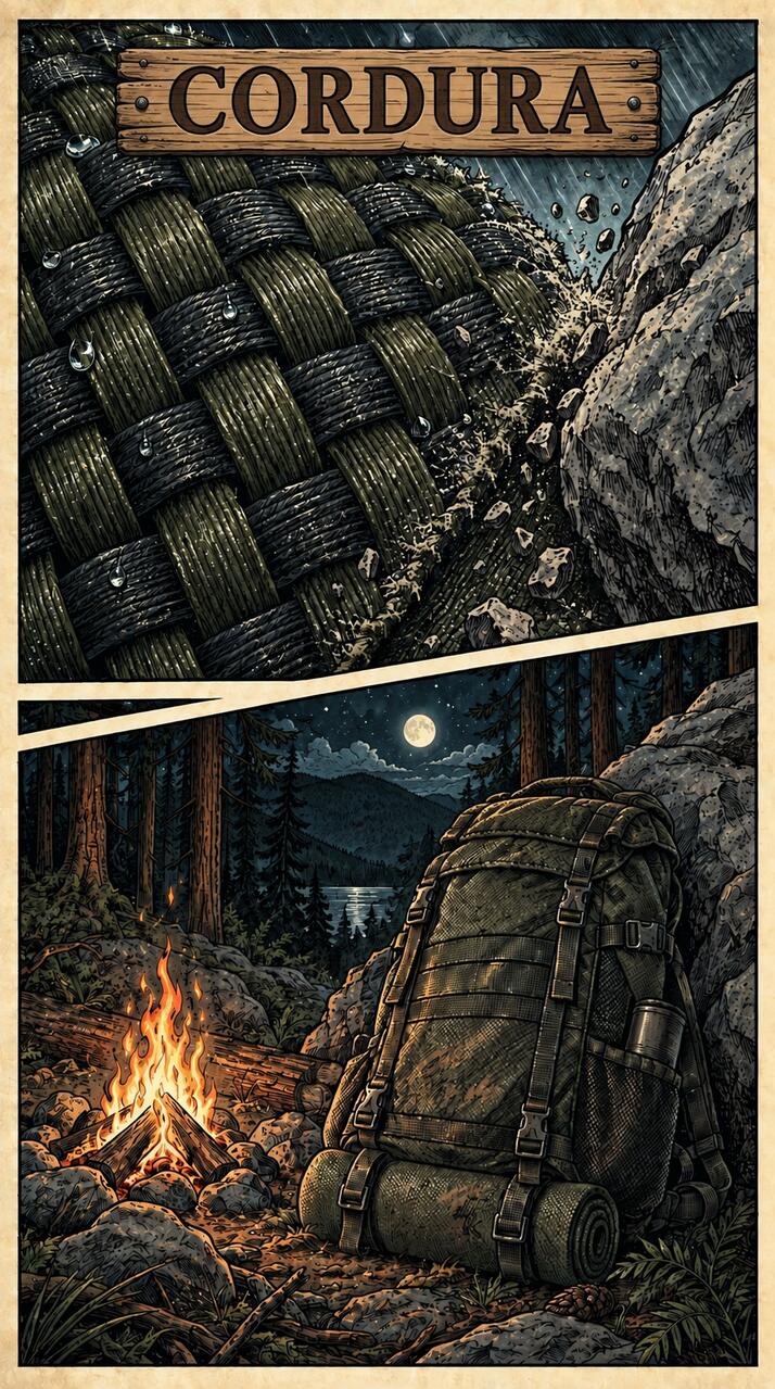 Cordura Gewebe unter Belastung und robuster Bushcraft-Rucksack im Wald