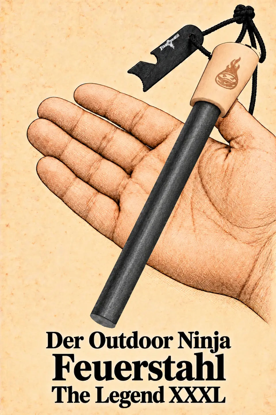 Illustration des Outdoor Ninja XXXL Feuerstahls The Legend mit Holzgriff und Schaber auf einer offenen Hand.