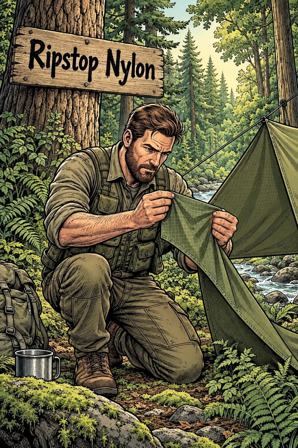 Comiczeichnung mit Camper, Ripstop Nylon und beschriftetem Holzschild