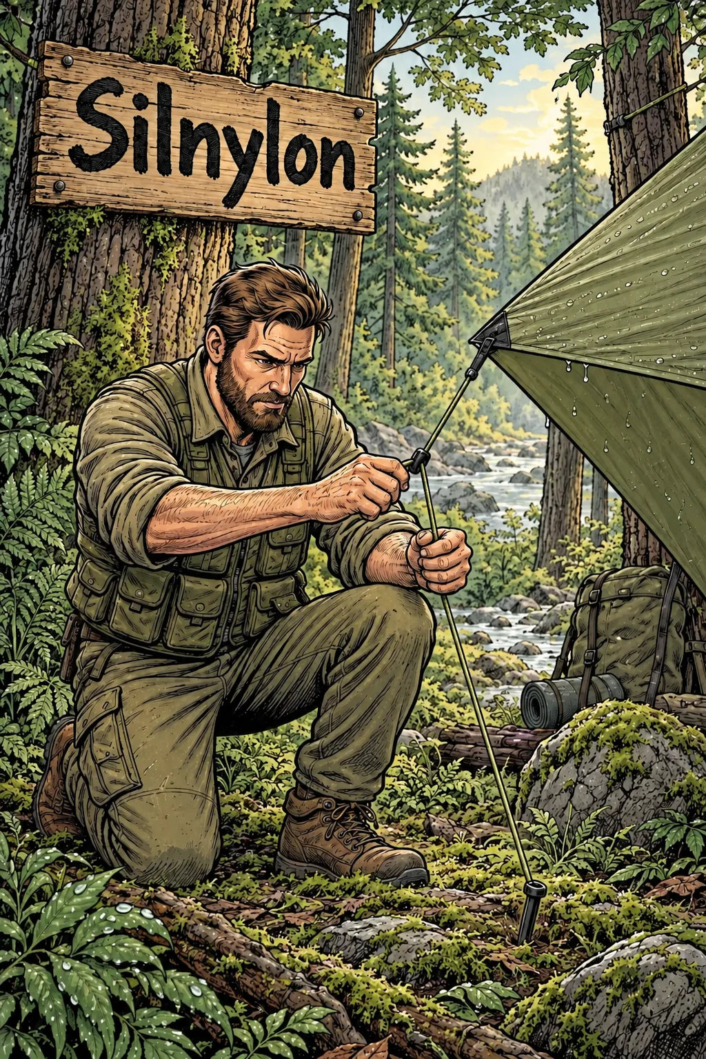 Comiczeichnung mit Camper, Silnylon und beschriftetem Holzschild