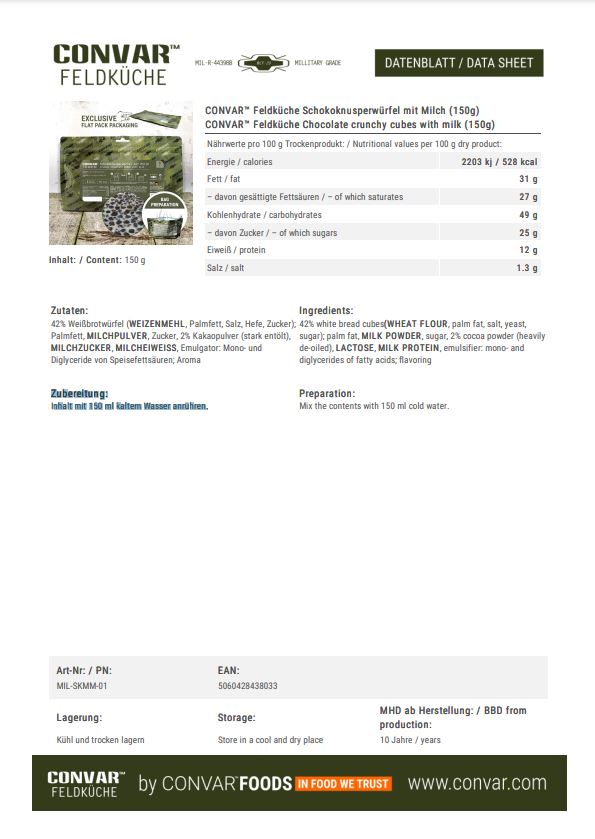 CONVAR™ Feldküche Schokoknusperwürfel mit Milch (150g)