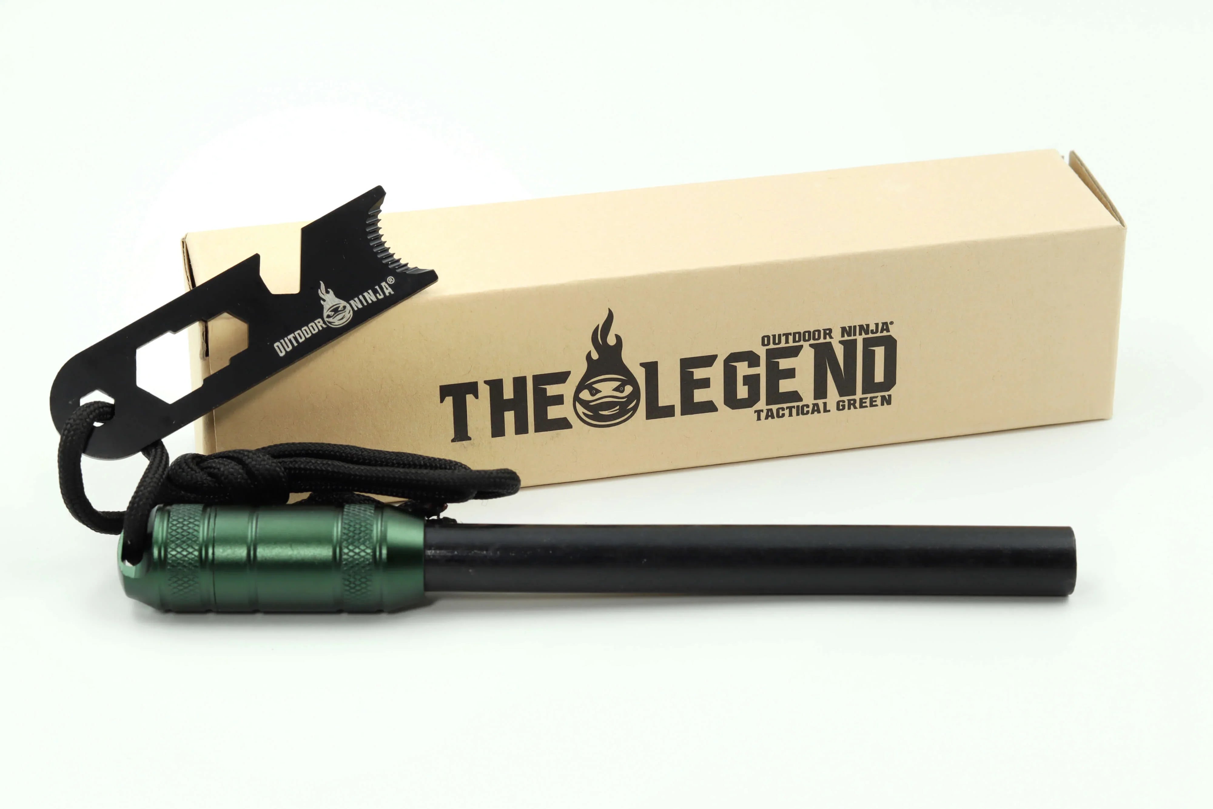 Feuerstahl The Legend Tactical Grün mit Zunderfach, Striker und Paracord Leine mit Karton