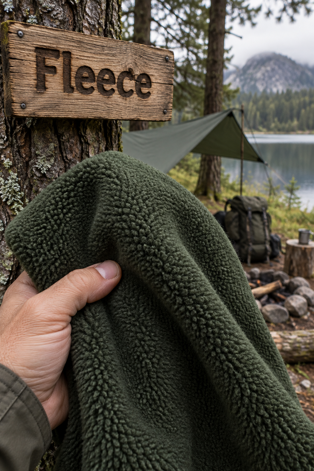 Hand hält dunkelgrünen Fleece-Stoff vor einem Tarp im Wald