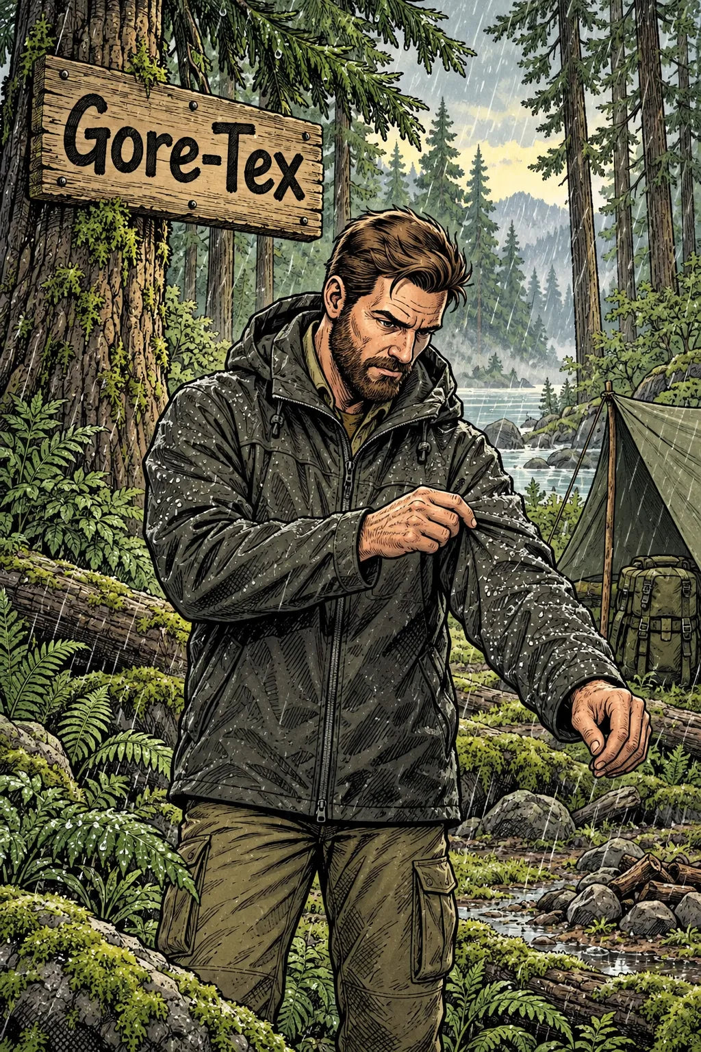 Comiczeichnung mit Camper, Gore-Tex und beschriftetem Holzschild