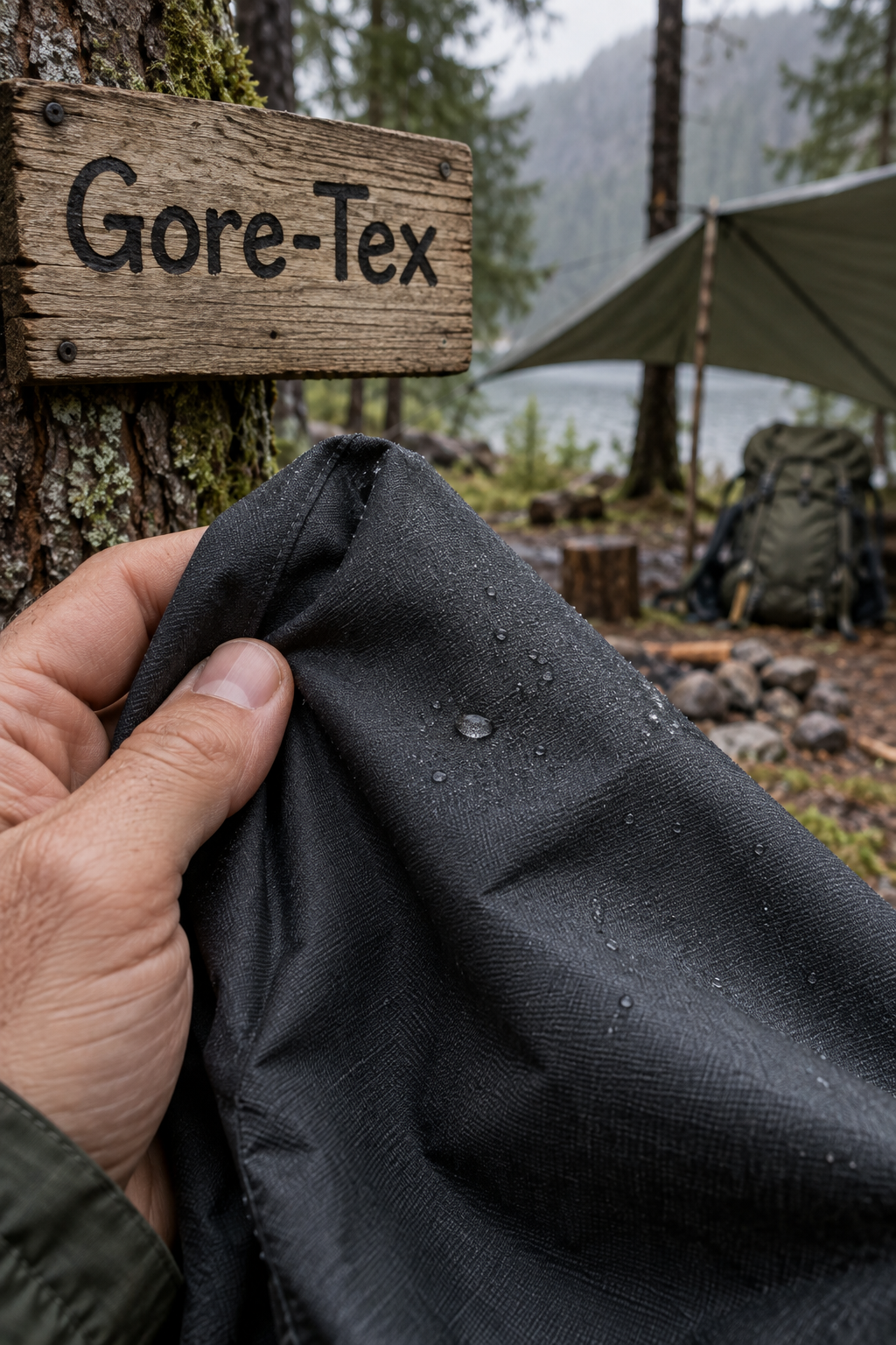 Hand hält dunklen Gore-Tex-Stoff vor einem Tarp im Wald