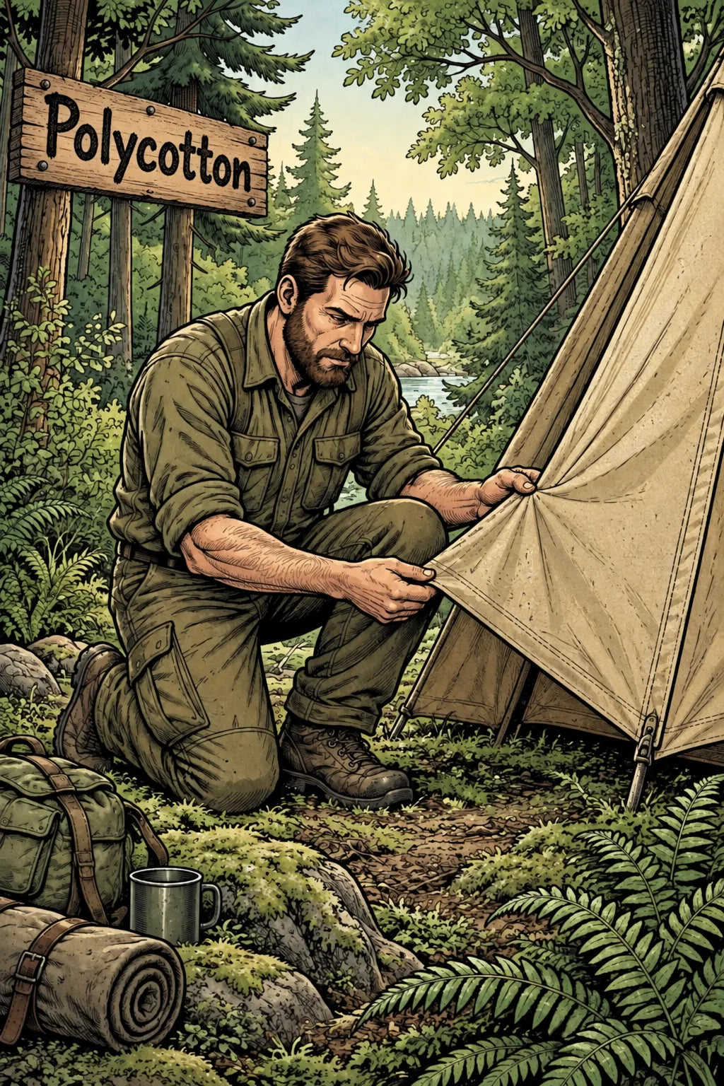 Outdoor-Comic mit Camper, Polycotton-Zelt und beschriftetem Holzschild