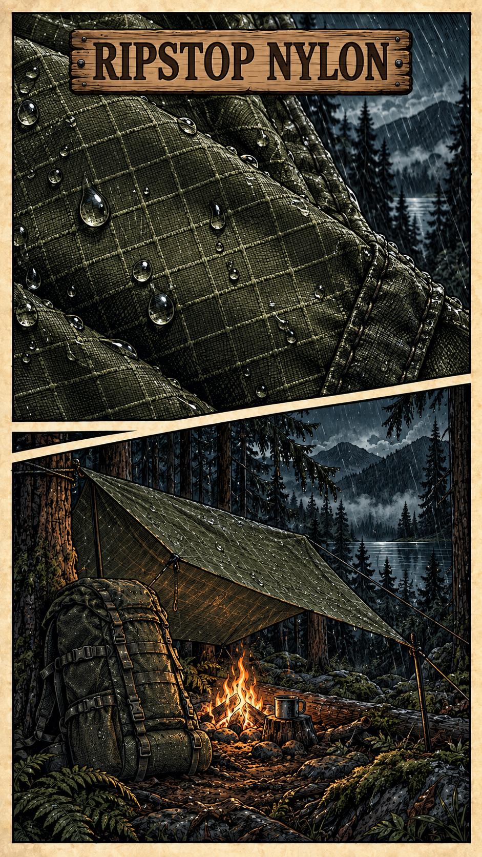 Illustriertes Ripstop-Nylon mit sichtbarem Verstärkungsgitter und Tarp im dunklen Wald
