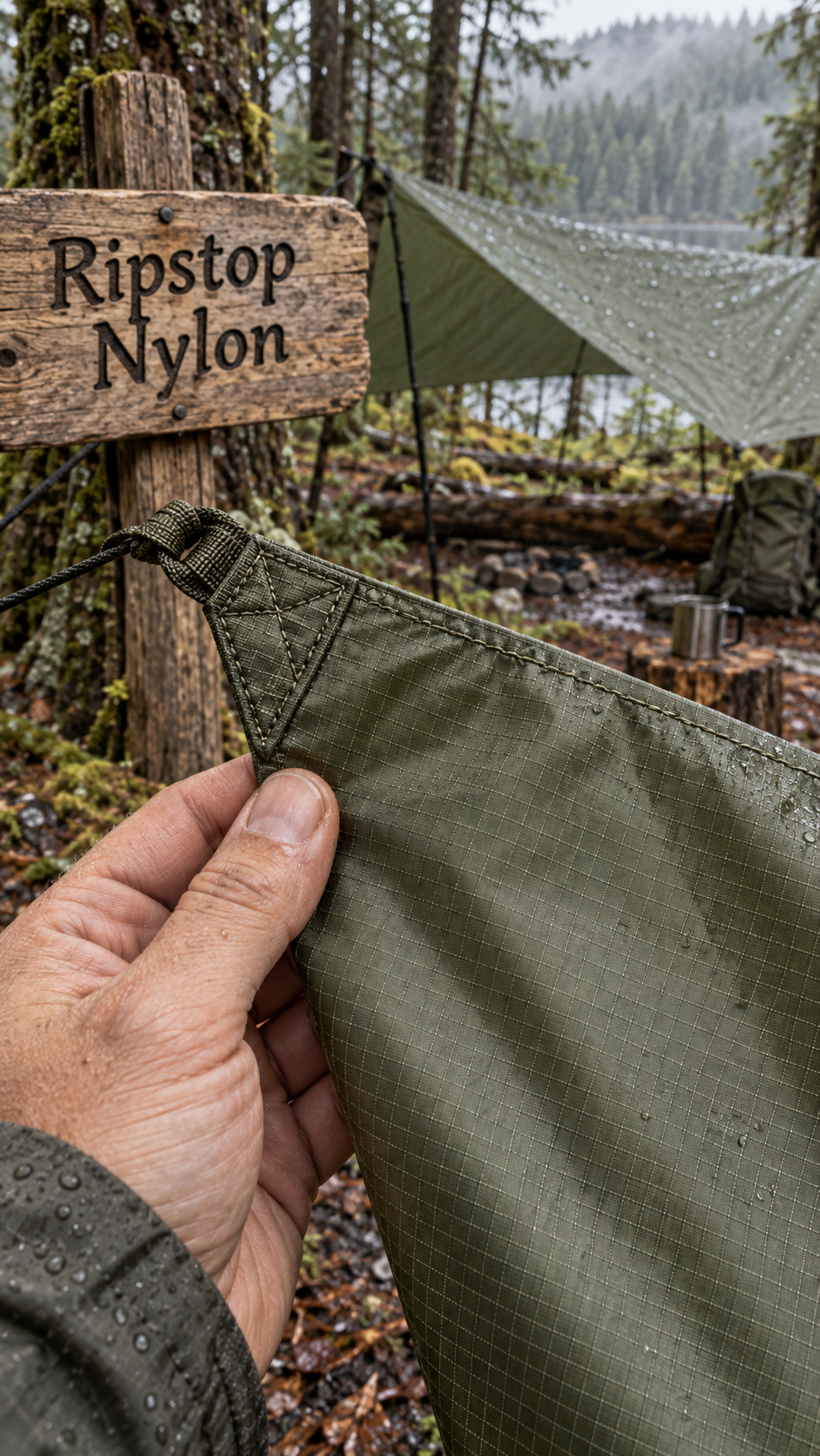 Hand hält ein olivgrünes Ripstop-Nylon-Gewebe mit sichtbarem Verstärkungsgitter vor einem Tarp im Wald.