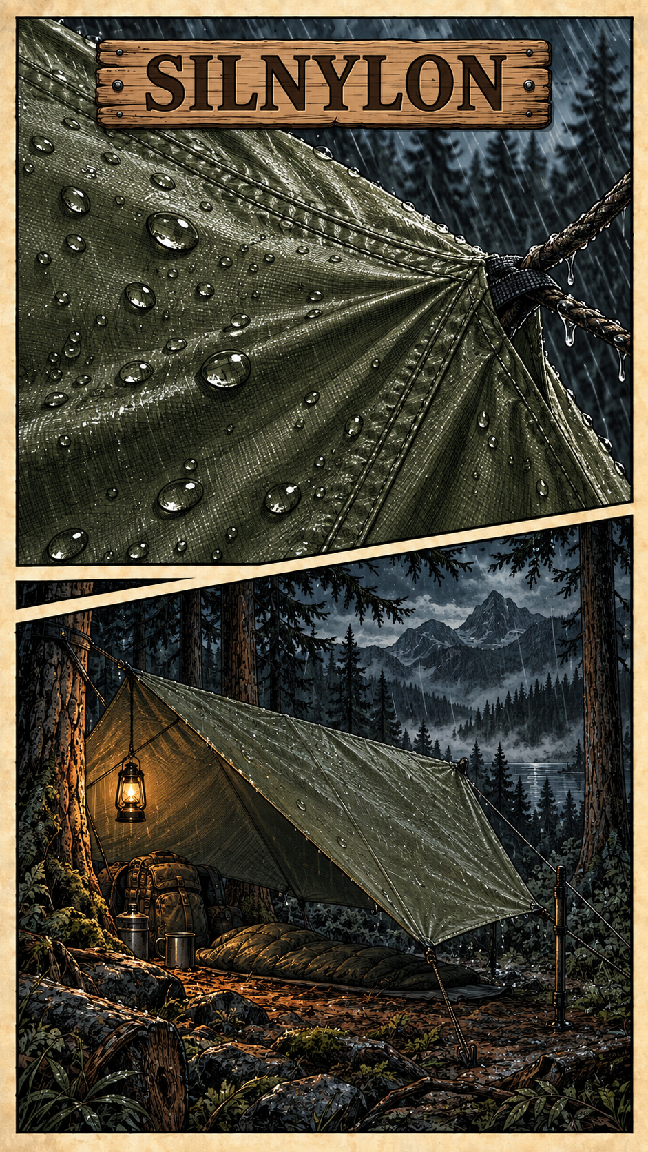 Illustrierte Silnylon-Abdeckung mit Regentropfen und Tarp im dunklen Wald