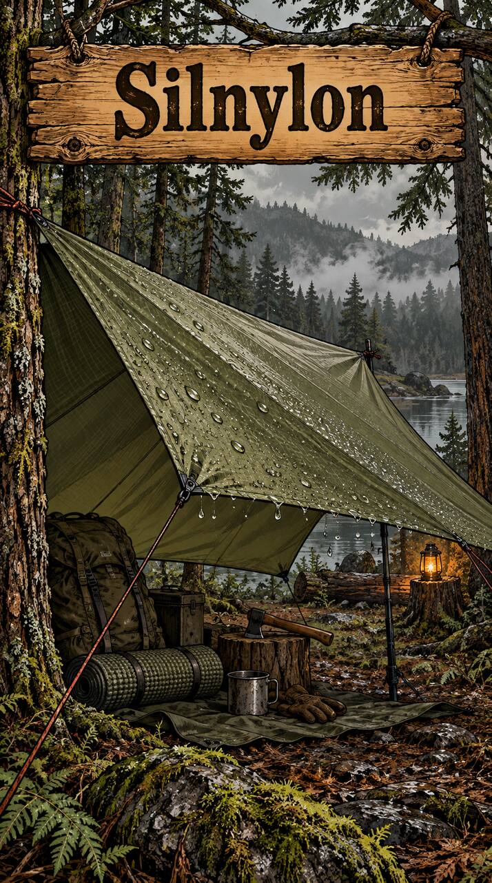 Silnylon-Tarp mit Regentropfen im Wald und Holzschild mit der Aufschrift Silnylon