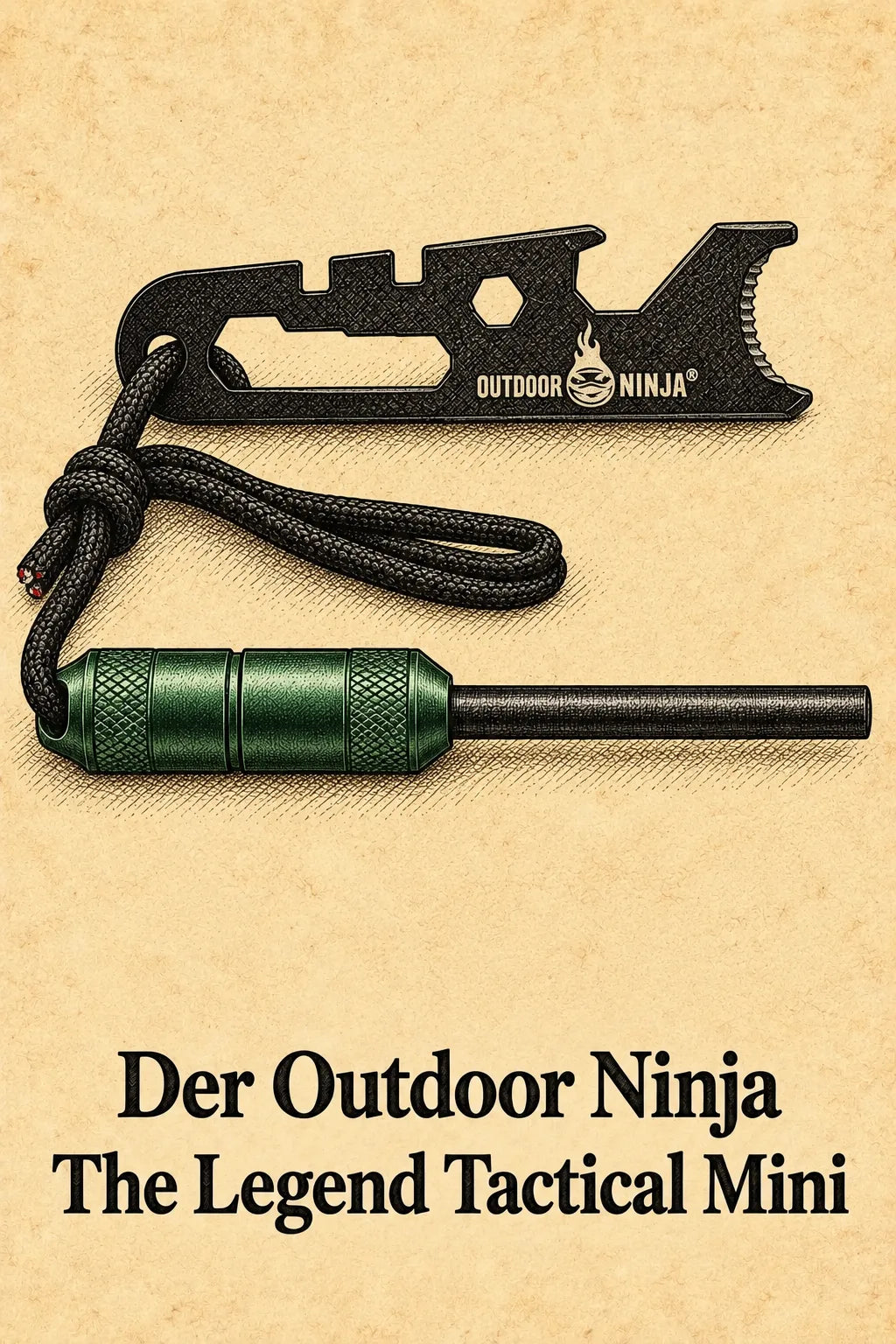 Grüner Feuerstahl The Legend Tactical Mini von Outdoor Ninja mit schwarzem Multifunktionsschaber und Halteschnur, als Illustration